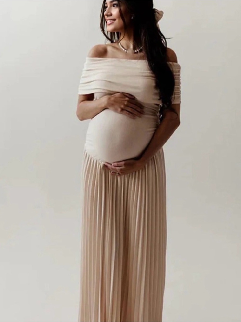 Beige Off-Shoulder Maternity Gown